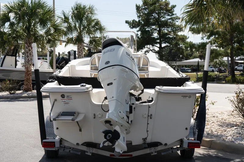 Slide: The Image of 2017 Carolina Skiff 218 DLV boat with Suzuki outboard motor, parked near palm trees. - 6