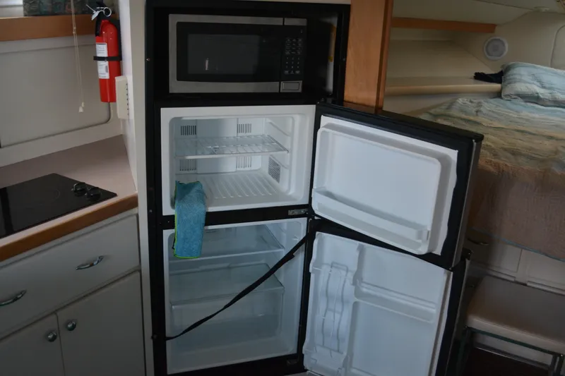 Slide: The Image of Interior of a 1995 Carver 380 Santego with open fridge and microwave. - 41