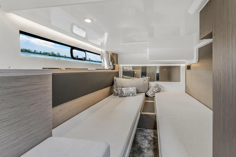 Slide: The Image of Modern interior of 2025 Jeanneau NC 1295 Fly yacht cabin with sleek design. - 32