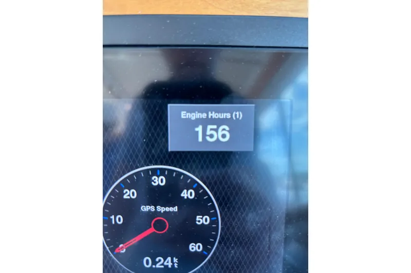 Slide: The Image of Display showing 156 engine hours and GPS speed on 2020 Back Cove 37. - 53