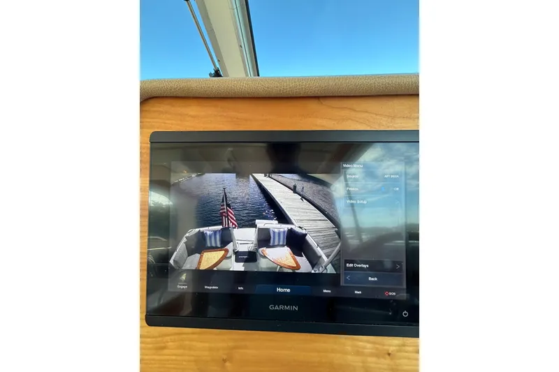 Slide: The Image of Garmin display on 2020 Back Cove 37 yacht, showing aft deck view. - 57