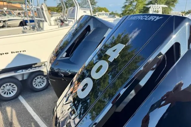 Slide: The Image of 2026 Cape Horn 34 XS boat with Mercury engines on a trailer. - 26