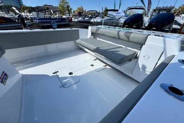 Slide: The Image of 2026 Cape Horn 34 XS boat interior with seating and spacious deck. - 6