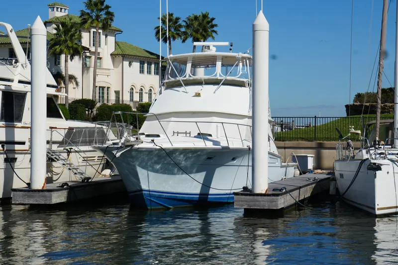 The Image of 1977 Bertram 46.6 yacht docked at marina, surrounded by other boats and palm trees. - 0