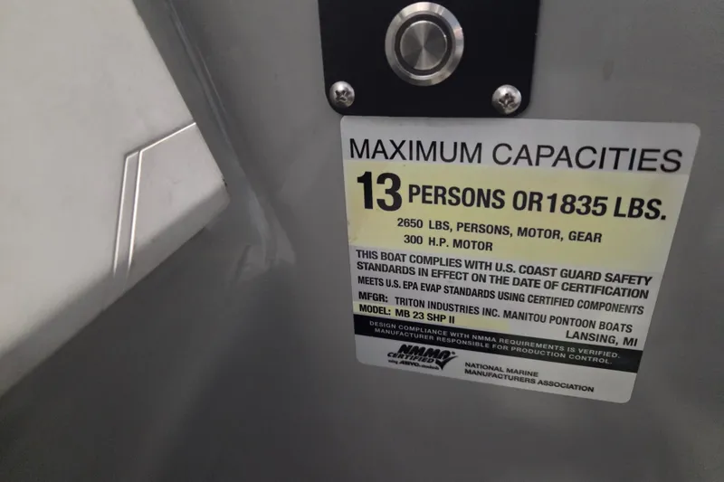 Slide: The Image of 2019 Manitou 23 Encore SHP capacity label, 13 persons or 1835 lbs, 300 HP motor. - 12