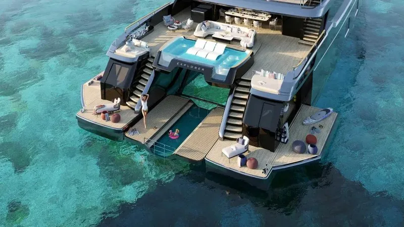 Slide: The Image of Luxurious 2026 Sunreef 40M Explorer yacht with spacious deck and pool on clear waters. - 5