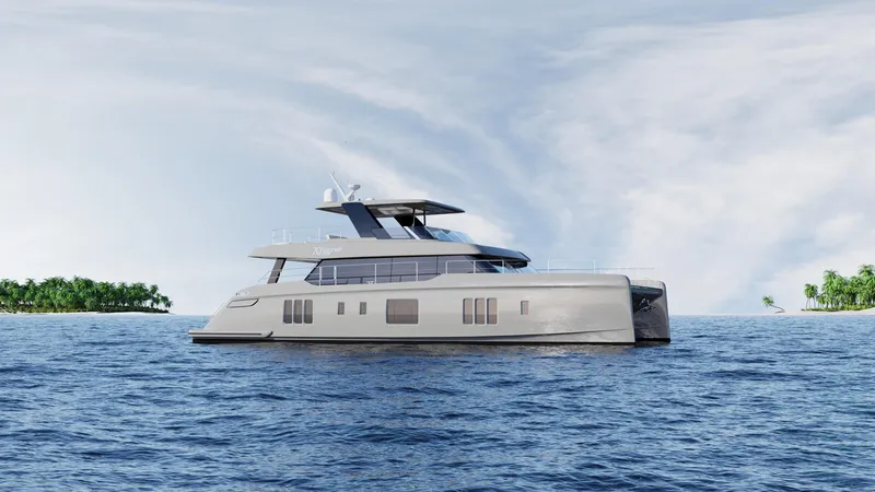 The Image of 2026 Sunreef 70 Power yacht cruising on open sea with island backdrop. - 1