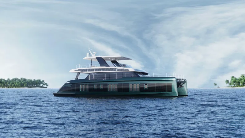 Slide: The Image of 2026 Sunreef 70 Sunreef Power yacht cruising on open sea with island backdrop. - 2