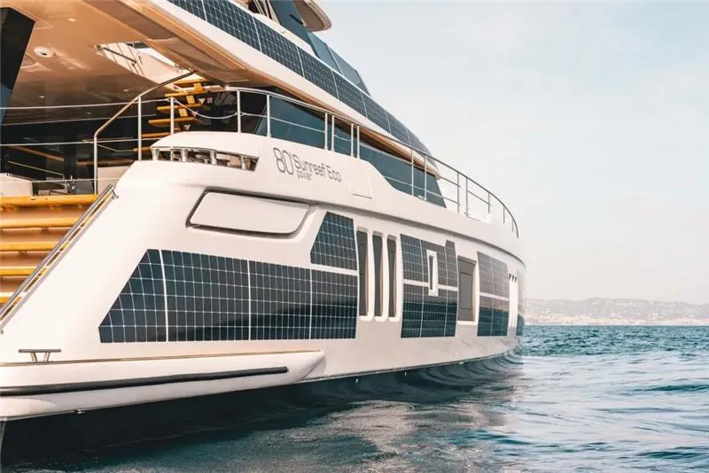 Slide: The Image of 2026 Sunreef 80 Sunreef Power yacht with solar panels on the water. - 2