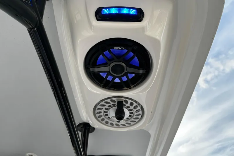 Slide: The Image of 2024 Pair Customs 24DV boat speaker system with blue LED lighting. - 28