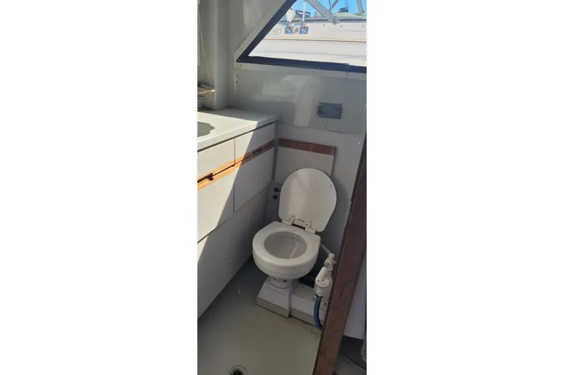 Slide: The Image of Boat bathroom interior of 1990 Phoenix 29 SFX Convertible, featuring a compact toilet setup. - 31