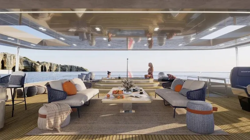 The Image of Luxurious Sunreef 100 yacht deck with elegant seating, ocean view, and modern design, 2026 model. - 1