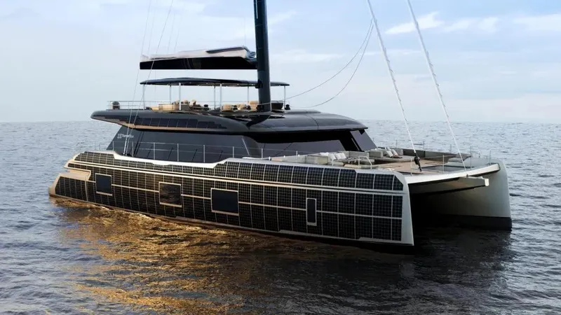 Slide: The Image of 2026 Sunreef 100 yacht with solar panels, sailing on calm waters. - 10