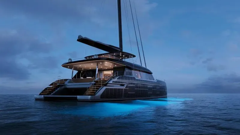 Slide: The Image of Luxurious 2026 Sunreef 100 yacht illuminated on calm ocean at dusk. - 11