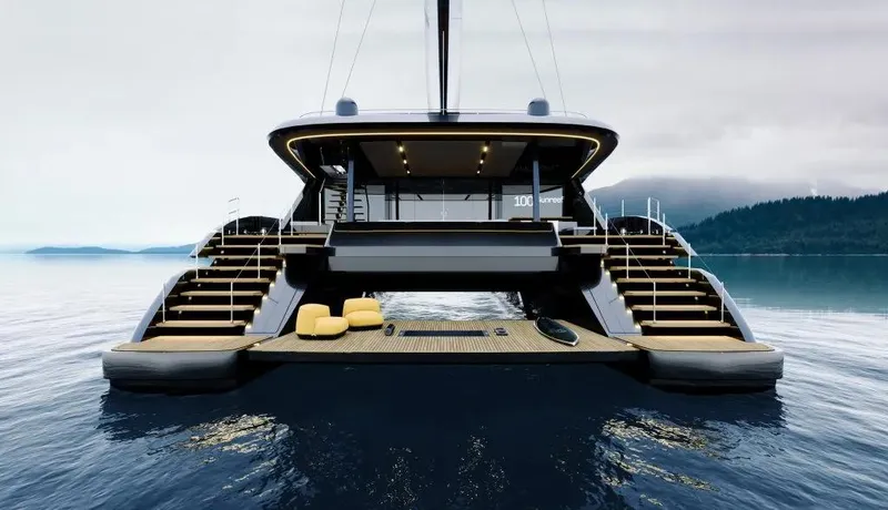 Slide: The Image of Luxurious 2026 Sunreef 100 yacht on serene water, showcasing elegant design and spacious deck. - 12