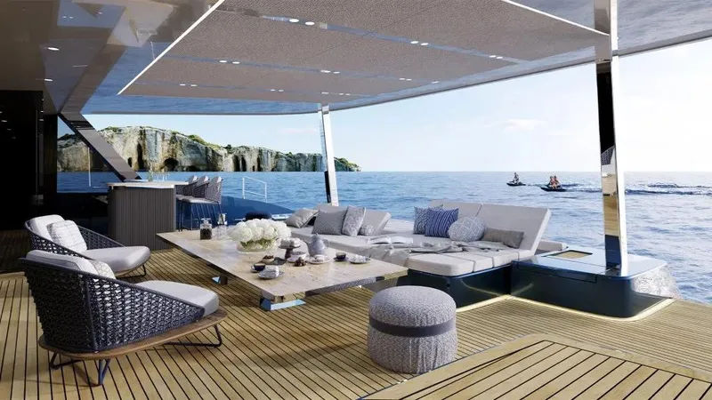 Slide: The Image of Luxurious Sunreef 100 yacht deck with elegant seating, ocean view, and modern design, 2026 model. - 3