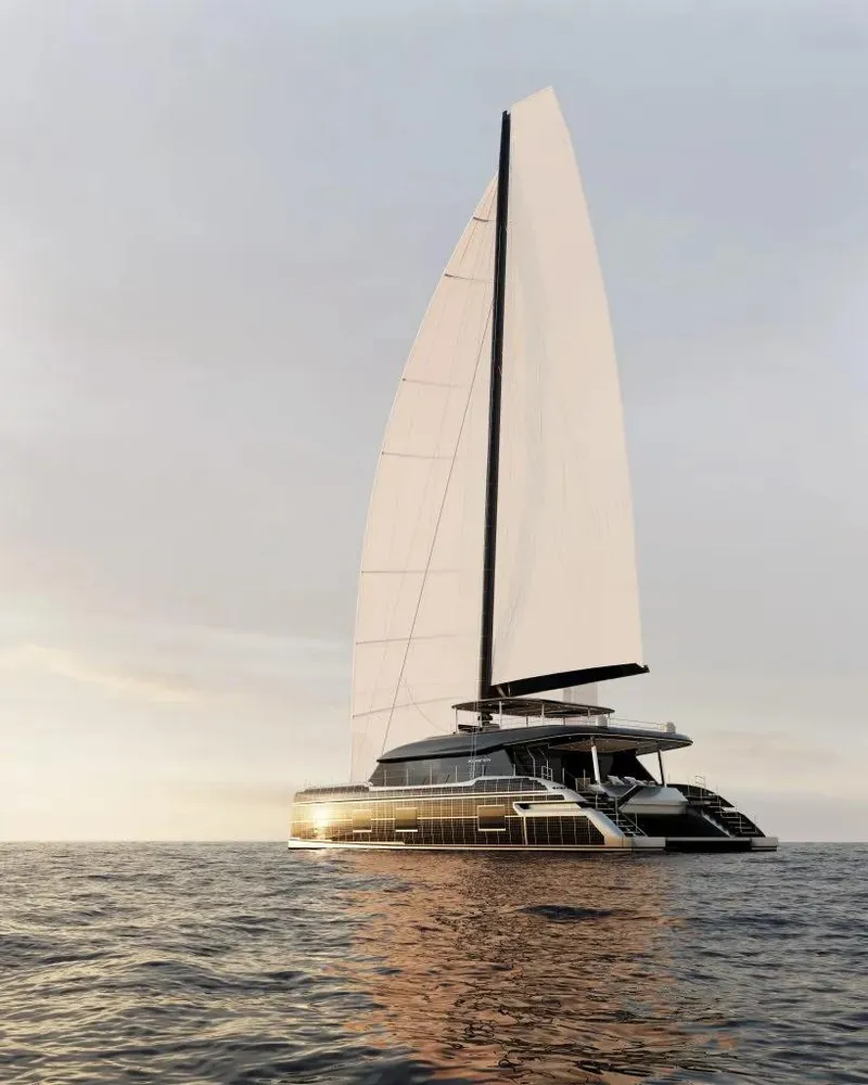 Slide: The Image of Luxury Sunreef 100 yacht sailing at sunset, 2026 model. - 4