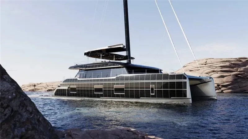 Slide: The Image of Luxurious 2026 Sunreef 100 yacht sailing between rocky cliffs, showcasing sleek design and modern features. - 5