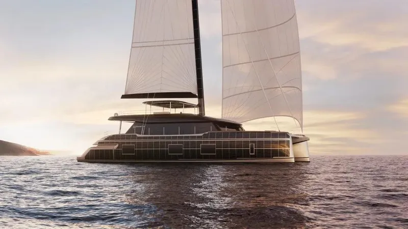 Slide: The Image of Luxury Sunreef 100 yacht sailing at sunset, 2026 model, elegant design on open sea. - 6