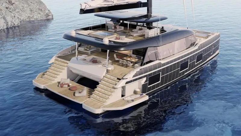 Slide: The Image of Luxurious 2026 Sunreef 100 yacht on serene blue waters, showcasing elegant design and spacious decks. - 7