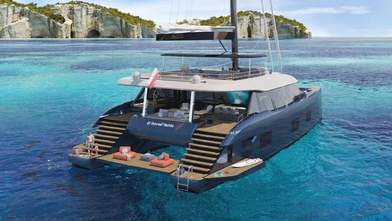 Slide: The Image of Luxurious 2026 Sunreef 100 yacht on turquoise waters near rocky coastline. - 9
