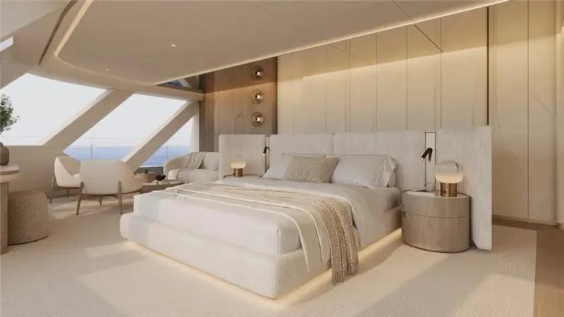 Slide: The Image of Luxurious bedroom interior on Sunreef 35M yacht, 2026 model, featuring modern design and elegant furnishings. - 10