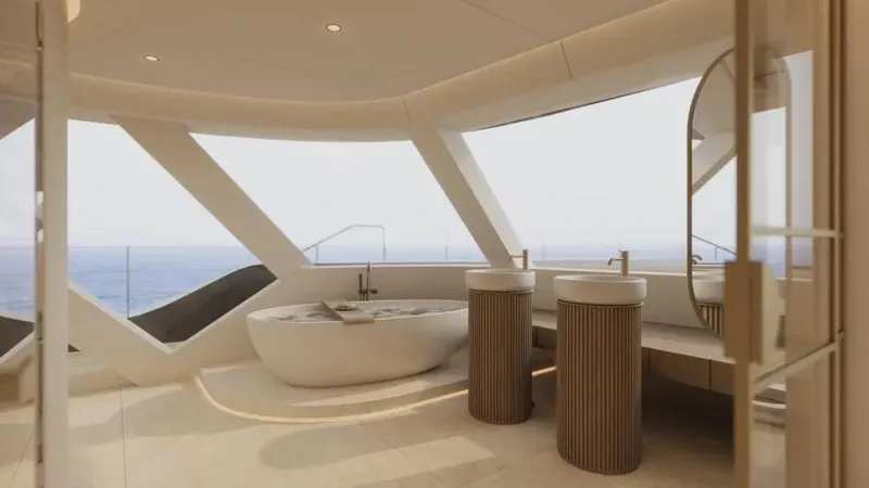 Slide: The Image of Luxurious Sunreef 35M yacht interior with ocean view, featuring modern bathtub and dual sinks, 2026 model. - 14