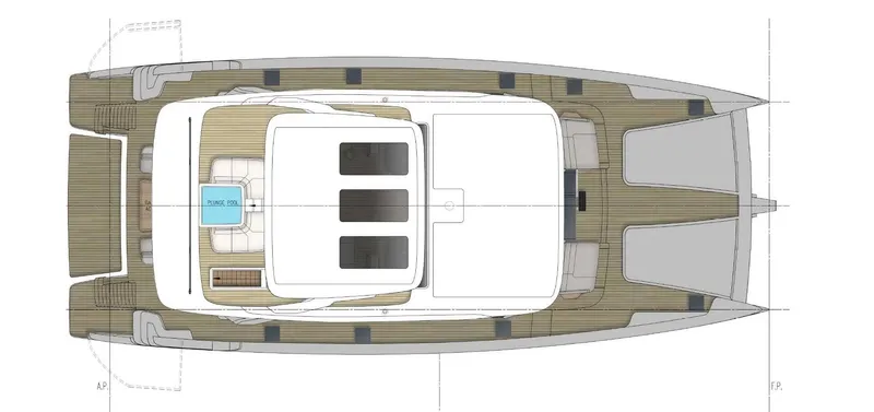 Slide: The Image of Top view of 2026 Sunreef 35M yacht layout, showcasing deck and cabin design. - 15