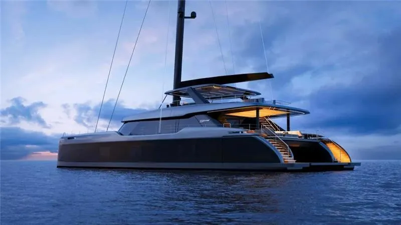 Slide: The Image of Luxurious 2026 Sunreef 35M yacht at sunset, featuring sleek design and modern amenities. - 3
