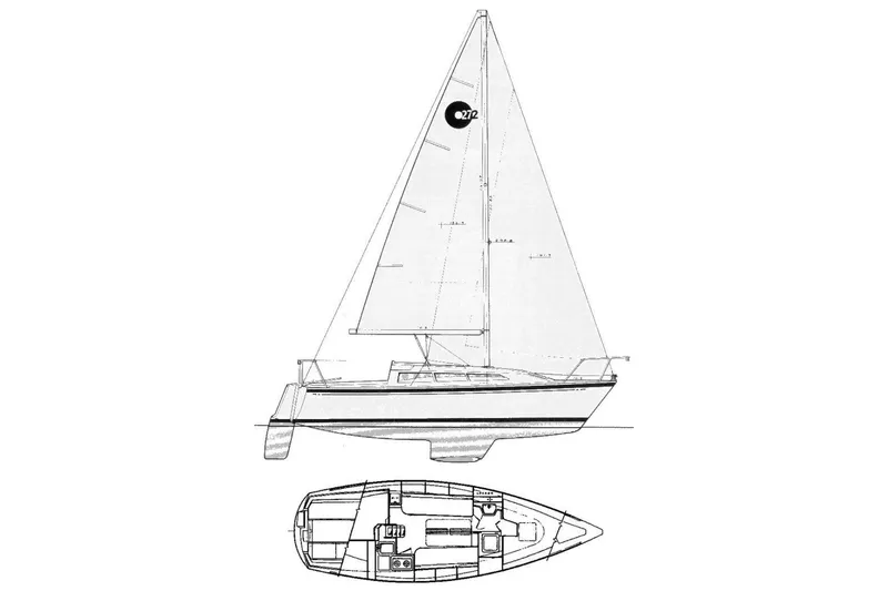 Slide: The Image of Blueprint of 1989 O'Day 272 sailboat, showing side and top views with detailed layout. - 20