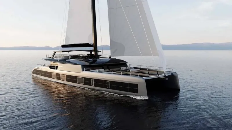 Slide: The Image of Luxurious Sunreef 43M yacht sailing on calm waters, 2026 model. - 2