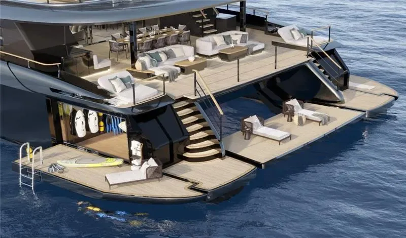 Slide: The Image of Luxurious Sunreef 43M yacht, 2026 model, featuring spacious decks and elegant outdoor seating. - 4