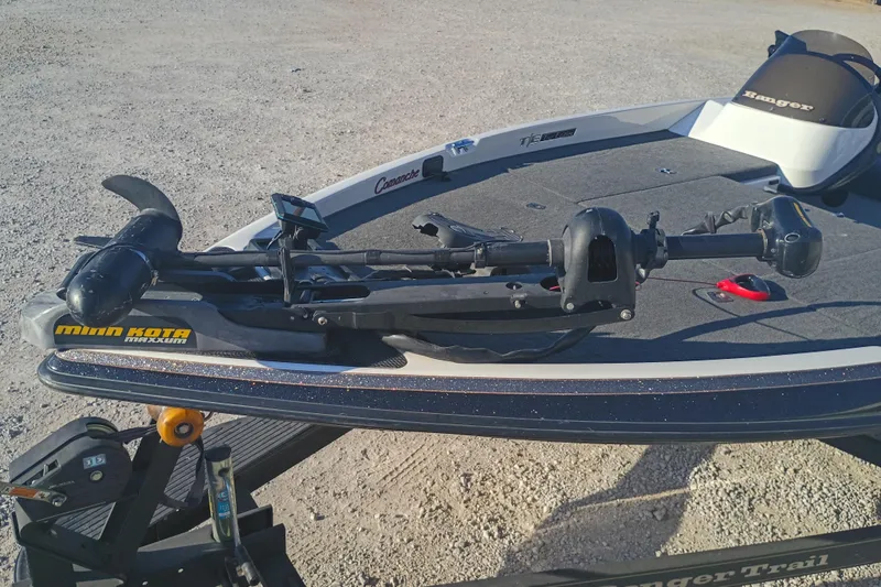 Slide: The Image of 2005 Ranger 519SVX Comanche boat with Minn Kota trolling motor on trailer. - 12