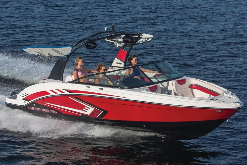 Slide: The Image of Manufacturer Provided Image: 2018 Chaparral Vortex 223 VRX speedboat cruising on water with passengers. - 32
