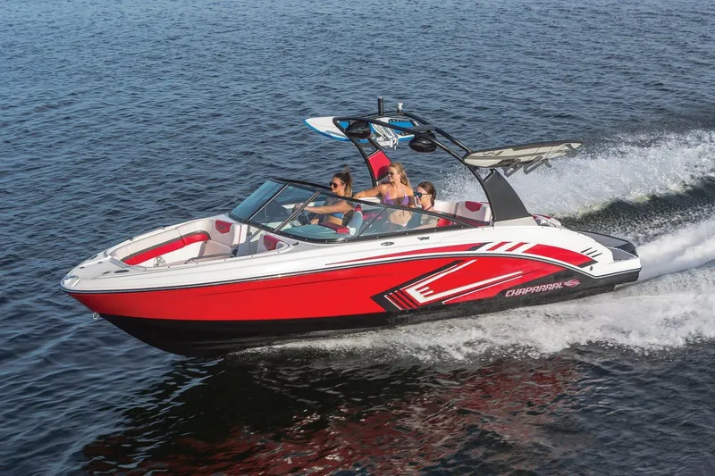 Slide: The Image of Manufacturer Provided Image: 2018 Chaparral Vortex 223 VRX speedboat cruising on water with passengers. - 38