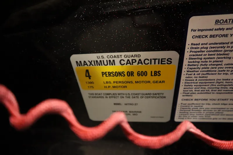Slide: The Image of U.S. Coast Guard capacity label on 2014 Nitro Z-7 boat, maximum 4 persons or 600 lbs. - 31