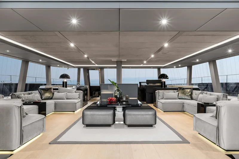 Slide: The Image of Luxurious interior of 2026 Sunreef 80 yacht with modern furnishings and ambient lighting. - 17