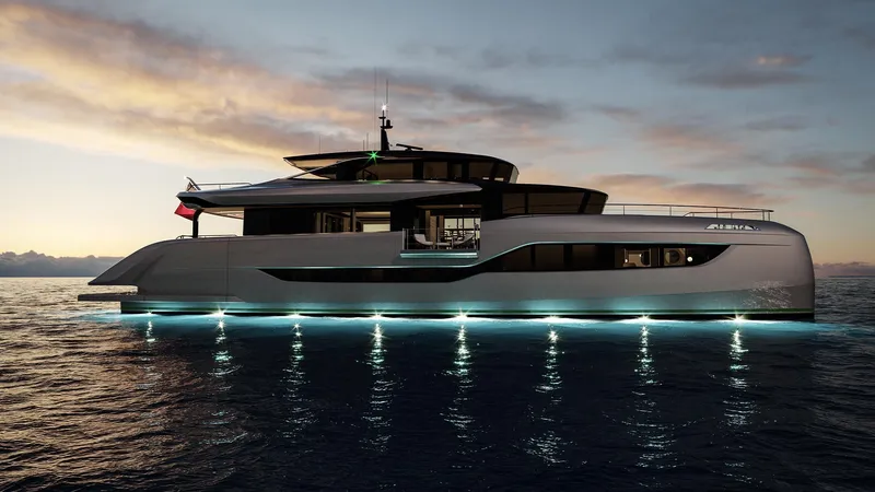 The Image of Luxury Sunreef 111 Ultima yacht, 2026 model, illuminated on calm ocean at sunset. - 0