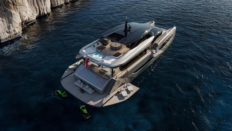 Slide: The Image of Luxurious 2026 Sunreef 111 Ultima yacht anchored in clear blue waters, featuring a spacious deck. - 2