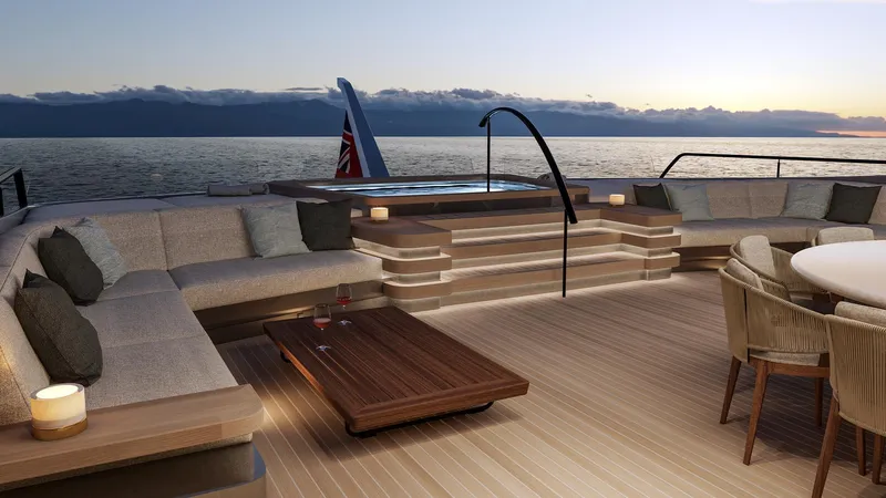 Slide: The Image of Luxurious Sunreef 111 Ultima yacht deck with seating and jacuzzi, 2026 model, at sunset. - 5