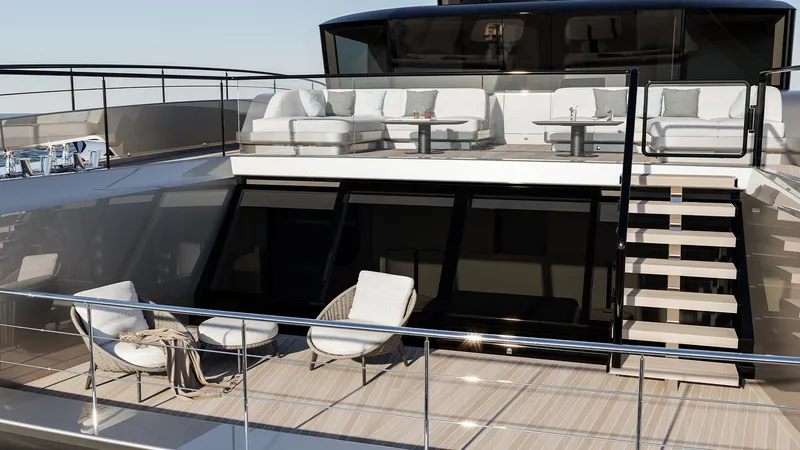 Slide: The Image of Luxurious Sunreef 111 Ultima yacht deck with modern seating, 2026 model. - 6