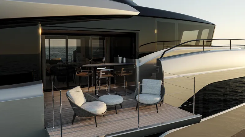 Slide: The Image of Luxurious Sunreef 111 Ultima yacht deck with modern seating, ocean view, 2026 model. - 7