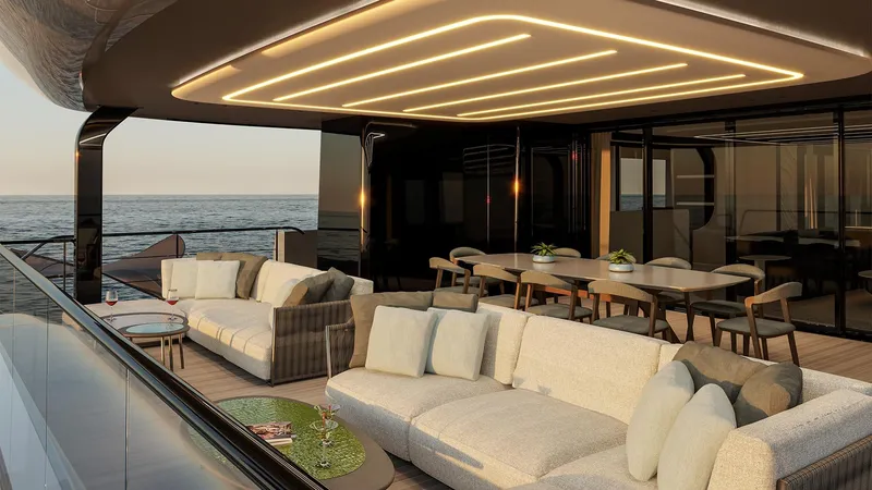 Slide: The Image of Luxurious Sunreef 111 Ultima yacht deck with modern seating, ambient lighting, and ocean view, 2026 model. - 8
