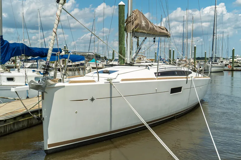 Slide: The Image of Steering wheel of 2018 Jeanneau Sun Odyssey 349 sailboat at marina. - 9