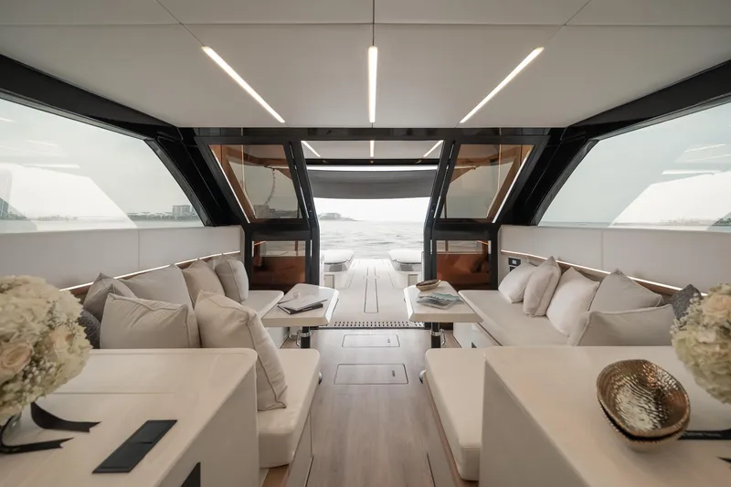 Slide: The Image of Luxurious interior of 2026 Sunreef 55 Ultima yacht with elegant seating and modern design. - 12