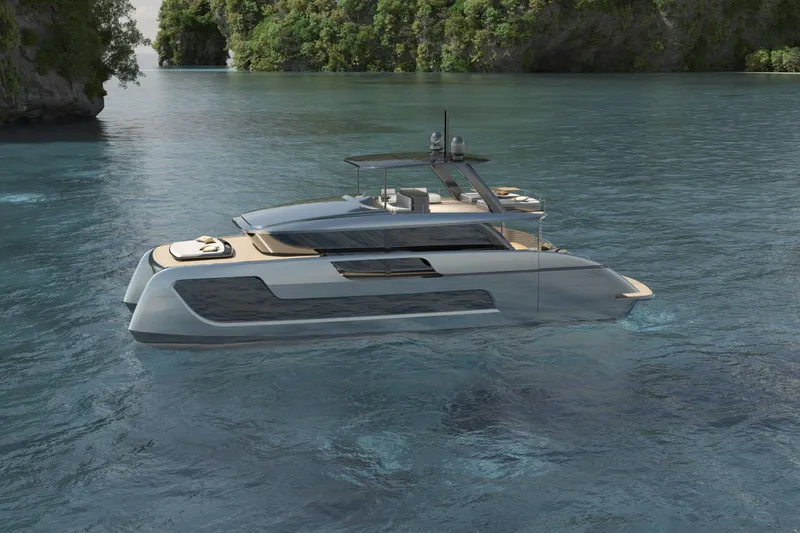 Slide: The Image of Luxury Sunreef 66 Ultima yacht, 2026 model, cruising in serene waters near lush cliffs. - 10