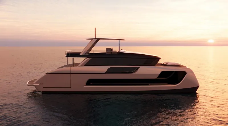 Slide: The Image of Luxury Sunreef 66 Ultima yacht at sunset, 2026 model, sleek design on calm ocean. - 14