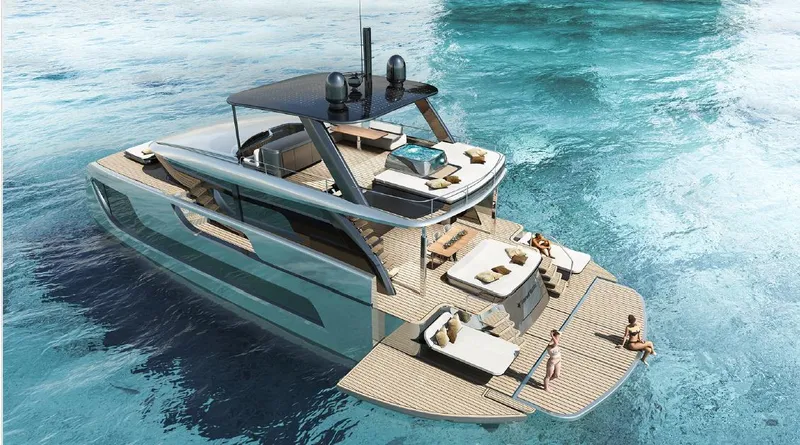 Slide: The Image of Luxurious 2026 Sunreef 66 Ultima yacht on serene blue waters, featuring spacious decks and modern design. - 2