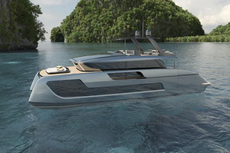 Slide: The Image of 2026 Sunreef 66 Ultima yacht on serene water with lush green island backdrop. - 4