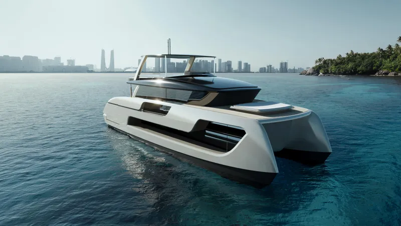 Slide: The Image of 2026 Sunreef 66 Ultima luxury yacht on serene blue waters near a city skyline. - 6